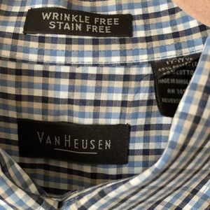 Van Huesen Blue Plaid Stain Free Wrinkle Free Button Down Up Shirt Neck 17-17.5